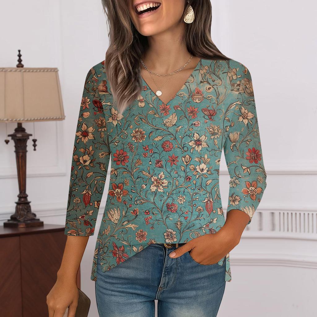 3/4 Sleeve Shirts For Women  Print Graphic Tees Blouses Casual Plus Size Basic Tops Pullover