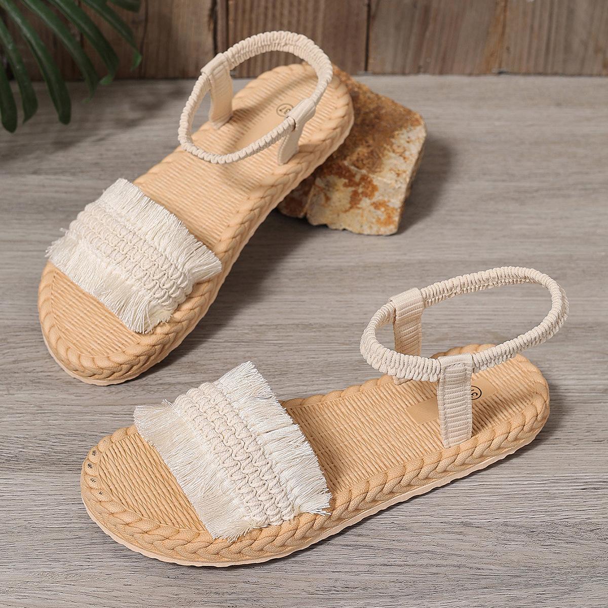 

Fashion Summertime Sandal Woman Wear It Outside Flat Bottom Weave Sand Beach Sandals Women s Tassel Shoelaces Are Non Slip Shoes 36 бежевый