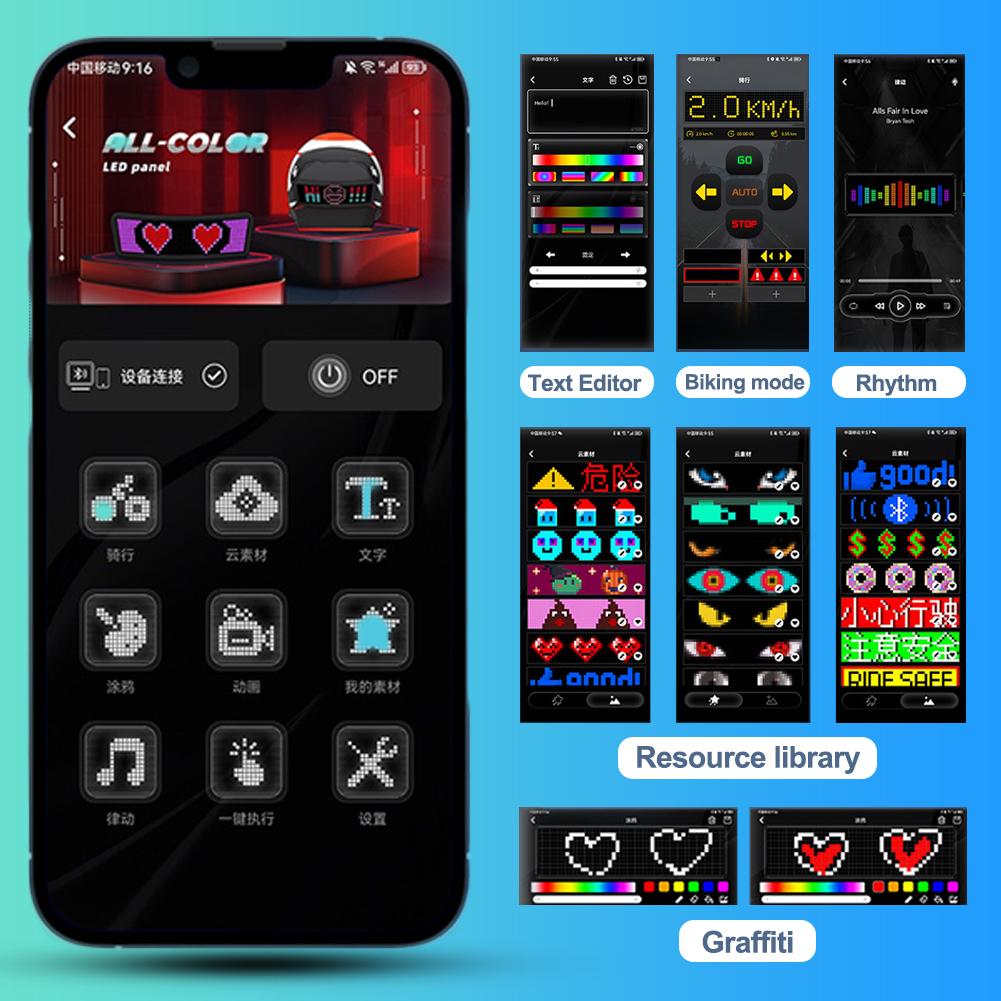 Écran LED sans fil pour casque de moto Feu de signalisation LED DIY RGB Éclairage de nuit pour vélo Casque de ski Feu arrière Affichage LED programmable par application