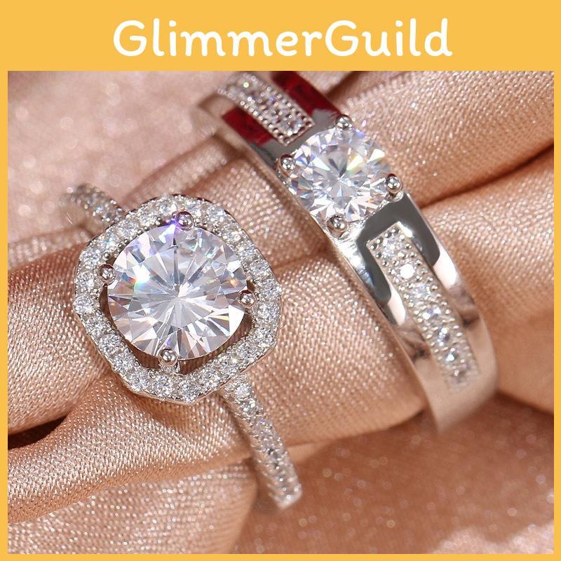 Bague pour couple design géométrique taille ajustable plaqué argent simulé alliance