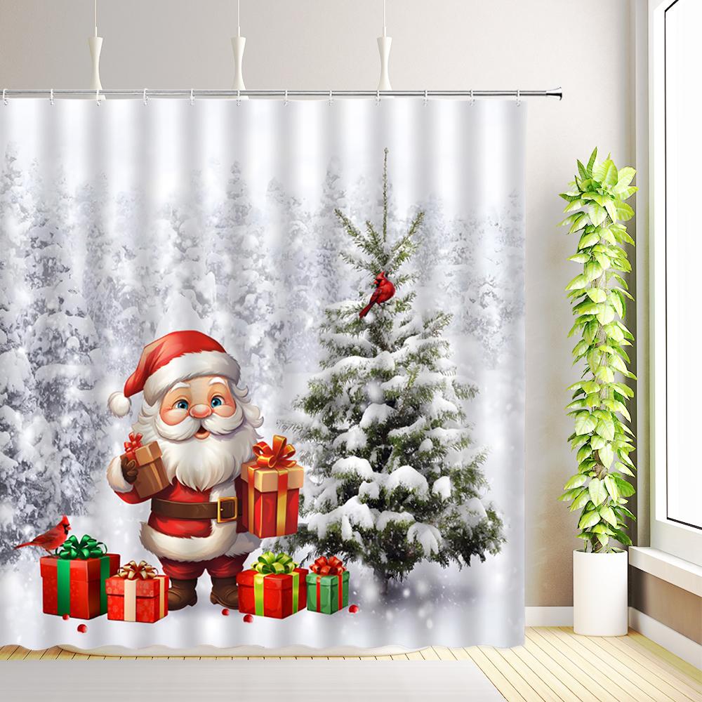 Merry Christmas Happy New Year Shower Curtain Santa Claus Snowman Reindeer Winter Snowflake Xmas Bathroom Decor with Hooks