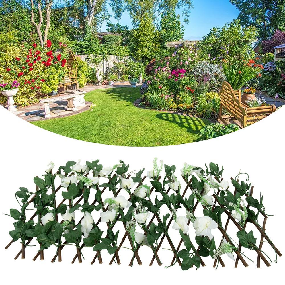 Trellis Style Wooden Fence with Artificial Flowers for Enhancing Gardens