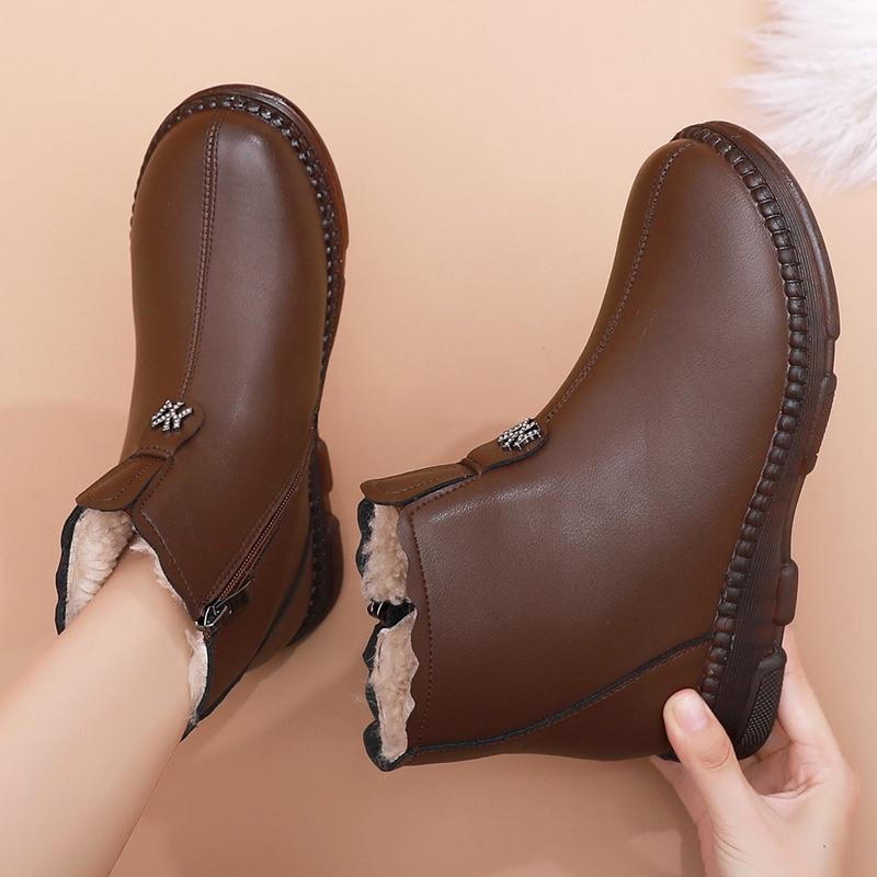 Winter Women Genuine Leather Flats Casual Ankle Boots Women's Thick Plush Warm Snow Boots Mother Waterproof Non-slip Booties