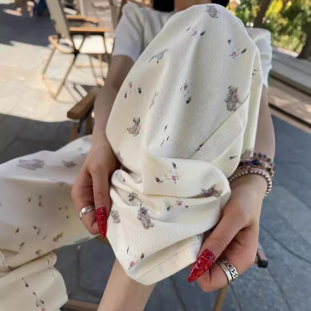 women's Bear Print High Waisted Wide Leg Jeans Loose Straight Denim Trousers Casual Pants
