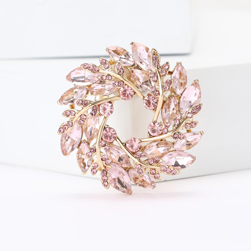 Classical Olive Branch Circle Badges for Women Crystal Round Flowers Party Office Brooch Pins Gifts