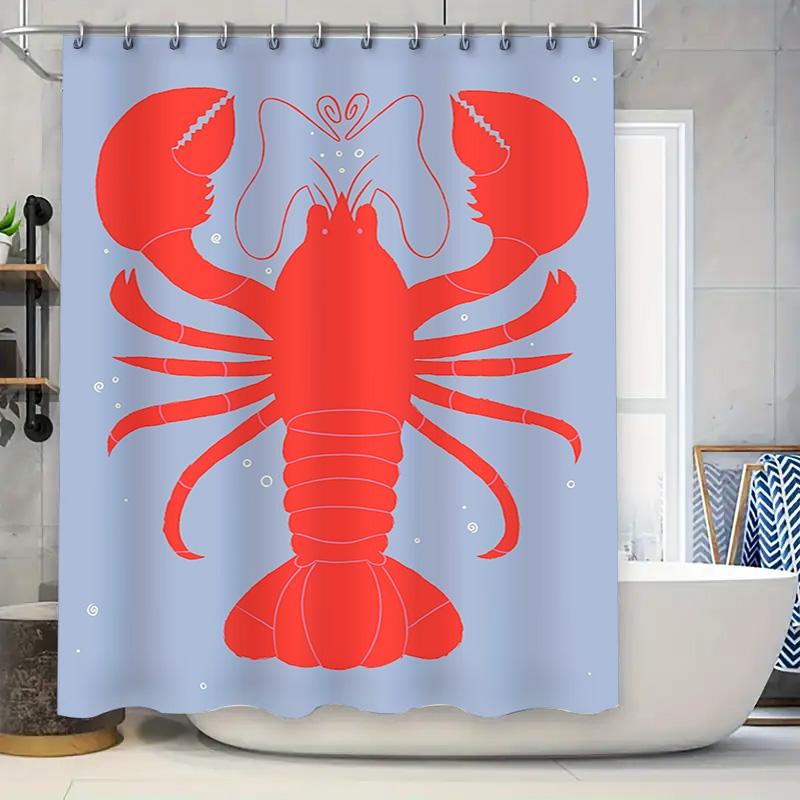 Blue Shower Curtain with Red Lobster Design for Bathroom Decor Waterproof Fabric Shower Panels Home Improvement Supplies