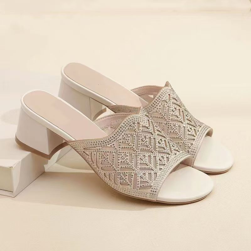 Women's Summer Block Heel Rhinestone Slippers Open Toe Soft Sole Non Slip Leather Mesh Hollow Out Outdoor Slippers Sandals