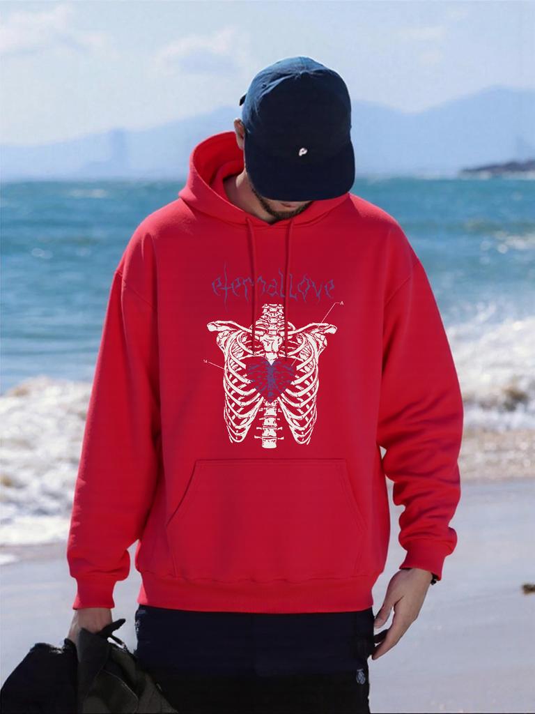 Love Heart Skeleton Print Men Hoody Comfortable Loose Hoodies All-Match Pocket Man Pullovers Fleece Autumn Unisex Sportswear
