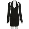Women's Fashion Temperament Solid Color Dress U-neck Low-cut Long-sleeved Halterneck Slim Short Dress