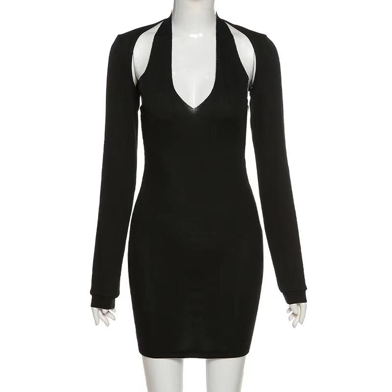 Women's Fashion Temperament Solid Color Dress U-neck Low-cut Long-sleeved Halterneck Slim Short Dress