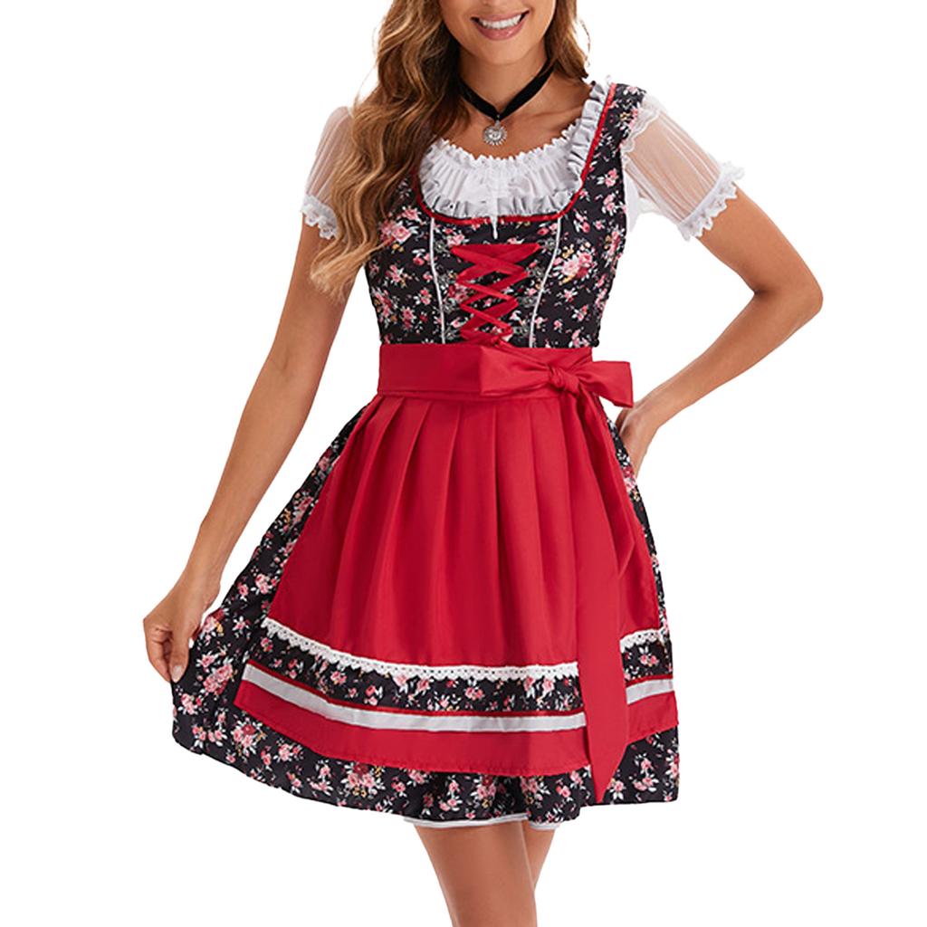 4Pcs German Bavarian Beer Festival Outfits Oktoberfest Costumes for Women Dirndl Dresses Blouse Apron Bows Ribbon Set