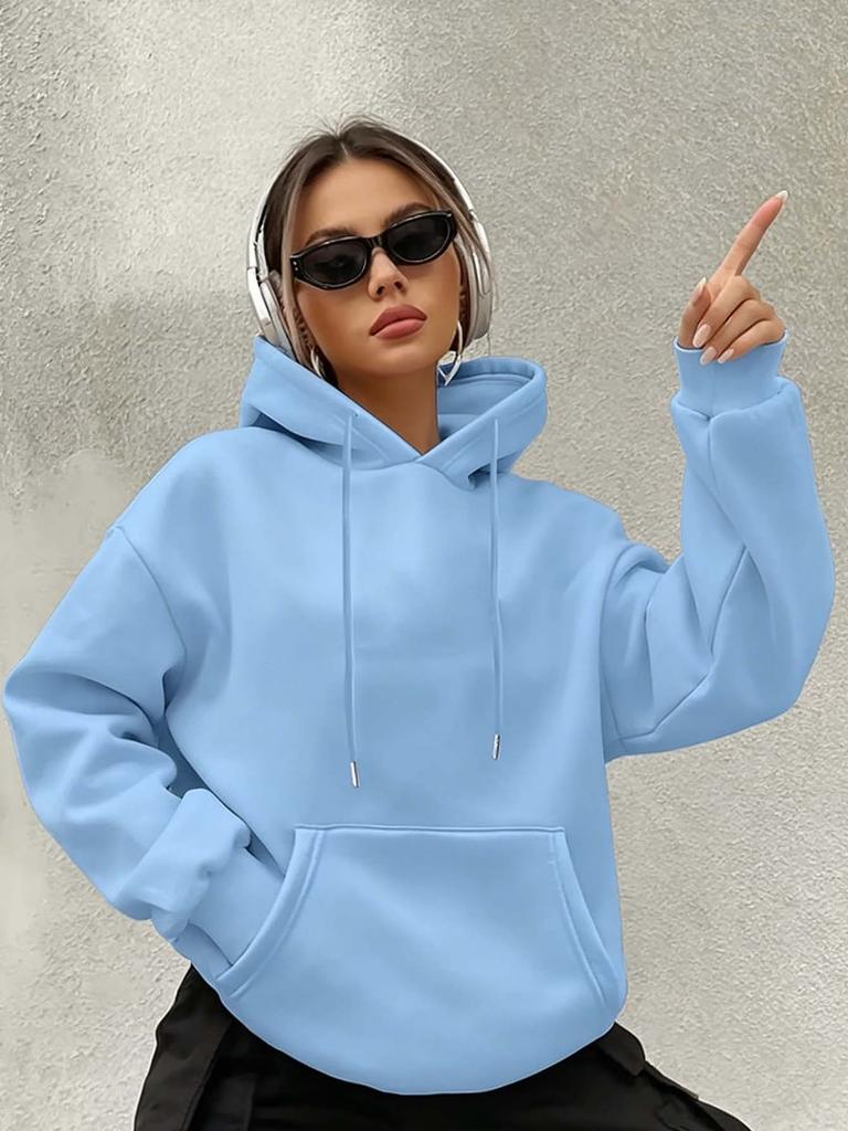 Women's Loose-fitting Hooded Long-sleeved Drawstring Kangaroo Pocket Pullover Hoodie, Casual Street Style, Autumn Daily Wear