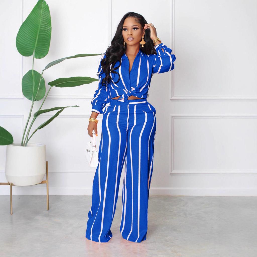 Women's Striped Printed Long-Sleeve Shirt Suit - Two-Piece Set