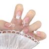 100% HANDMADE Coffin Shape Fake Nail Set With Glue Art Gentle French Milky White Nude Pink Color Contrast Pearl Line Hand-Painted Nails Reusable