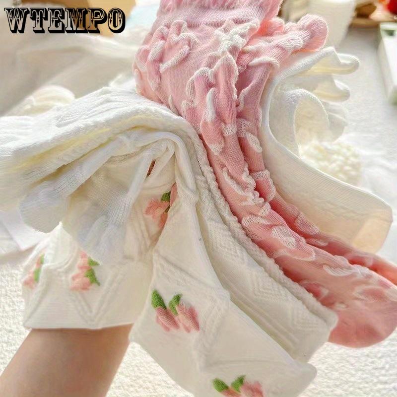 5 Pairs of Vibrant Floral Textured Socks - Soft, Ruffled Mid-Tube Design, Comfortable Women's Stockings & Hosiery for Everyday Wear - Cute Fashionable