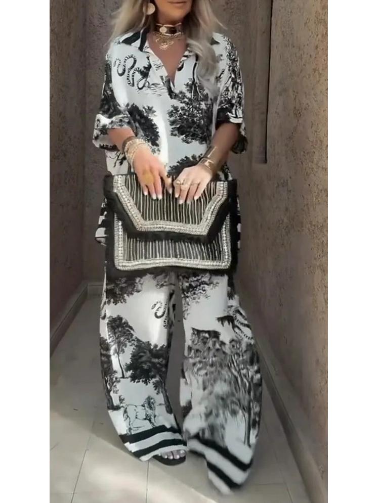 2025 Euro-American Casual V-neck Short-Sleeve Top & Wide-Leg Pants Set for Women