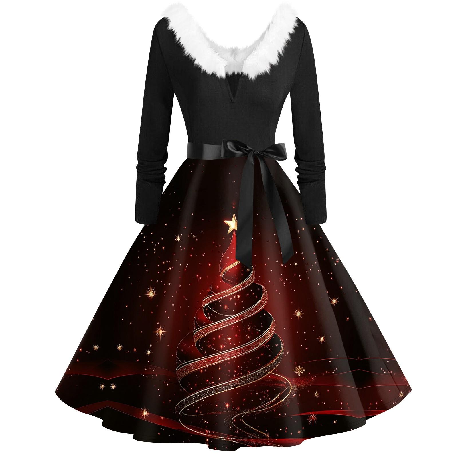 

Женское повседневное и модное платье с длинными рукавами и V-образным вырезом с рождественским принтом на молнии XXL