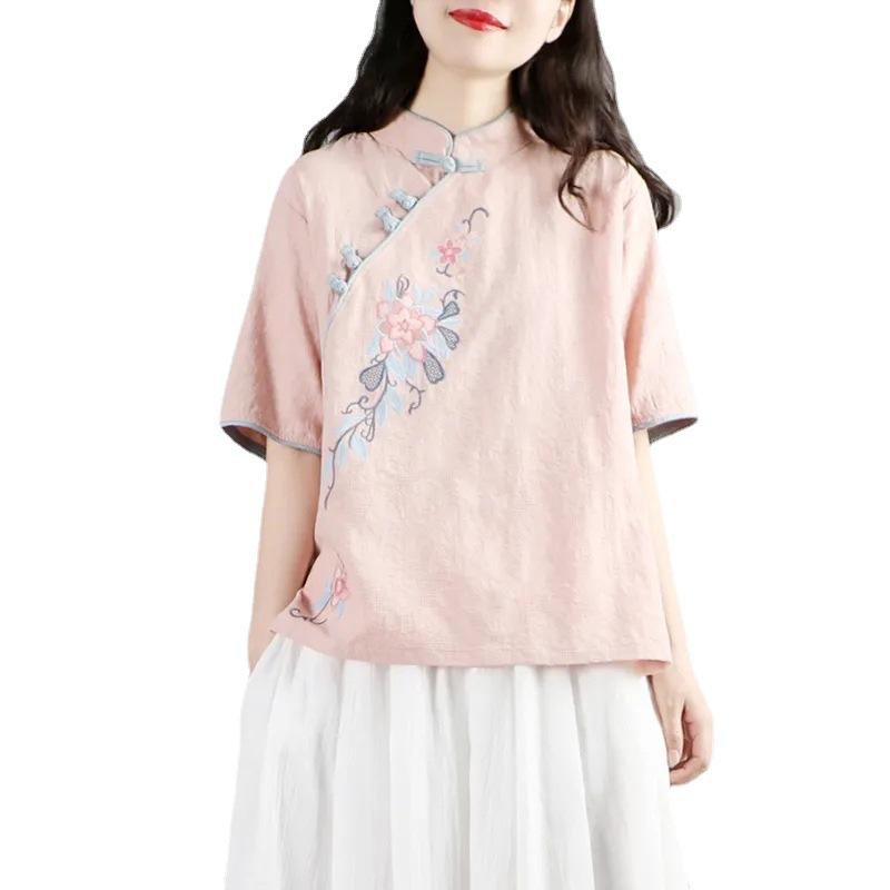 Women's Summer Zen Style Cotton Linen Cheongsam Top - Short Sleeve Embroidered Chinese Buttoned Shirt