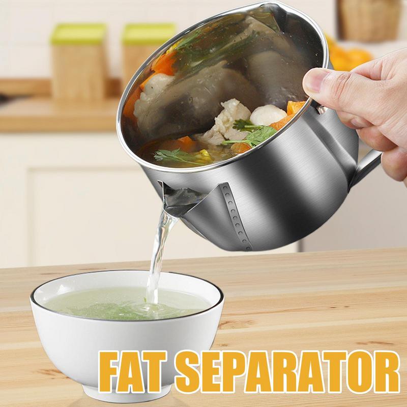 1200ML Multifunction Oil Soup Seperator Stainless Steel Gravy Oil Soup Separator Multipurpose Oil Strainer with Handle and lid