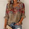 Women's Retro Floral Print Ruffle Three-Quarter Sleeve Blouse with Tie Neck