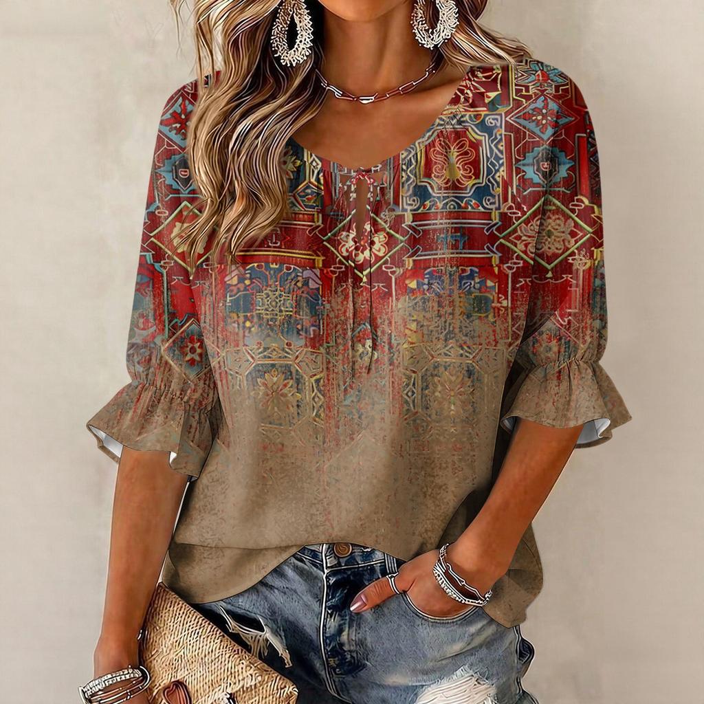Women's Retro Floral Print Ruffle Three-Quarter Sleeve Blouse with Tie Neck