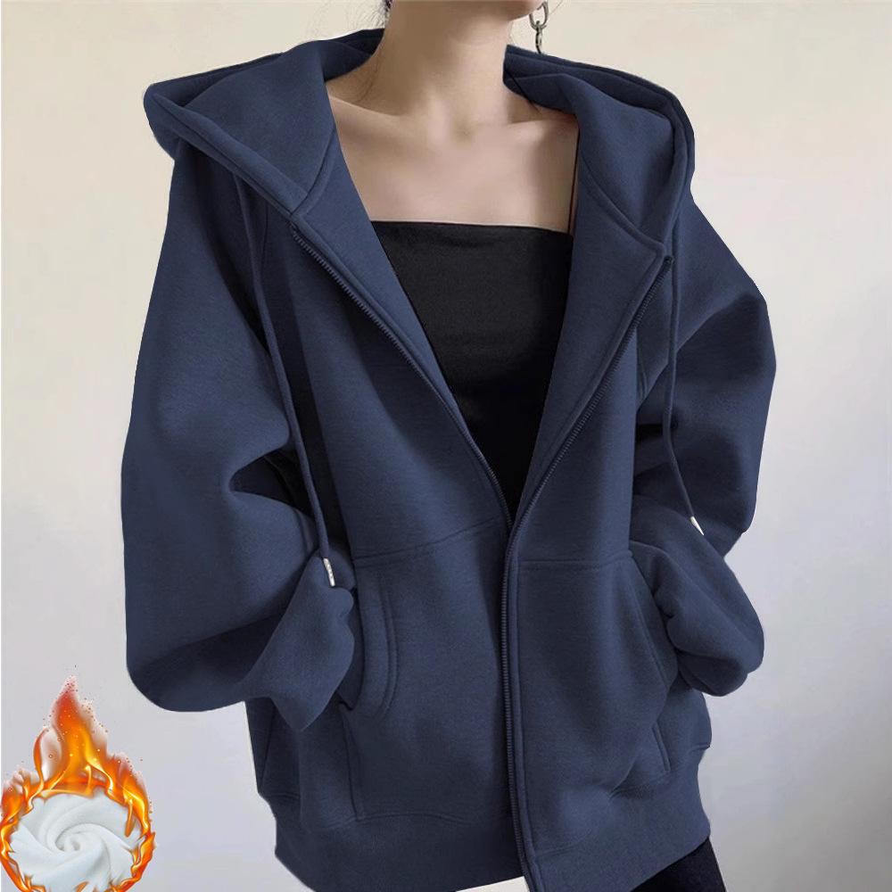 Women's Retro American-Style Hooded Cotton Cardigan with Plus Velvet for Autumn/Winter 2025