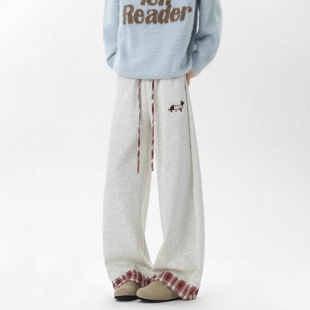 

Tide Plaid Patchwork Unisex Sweatpants with Dachshund Embroidery - Spring/Autumn Casual Loose Fit. M