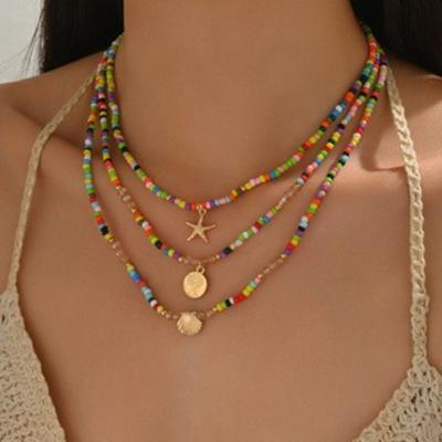 Bohemian Personalized Beaded Starfish Faux Shell Layered Necklace, Women's Vintage Trend Accessories Jewelry Gifts