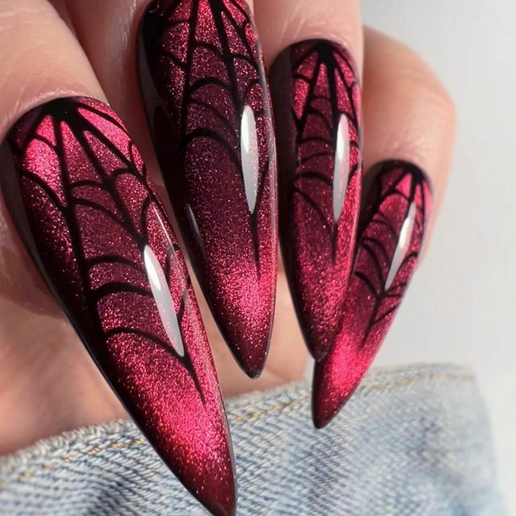 24 Stycken Bär Naglar Lösnaglar, Röd Kattöga, Halloween Nagelkonst, Europeiska och Amerikanska Spetsiga Nagelbitar