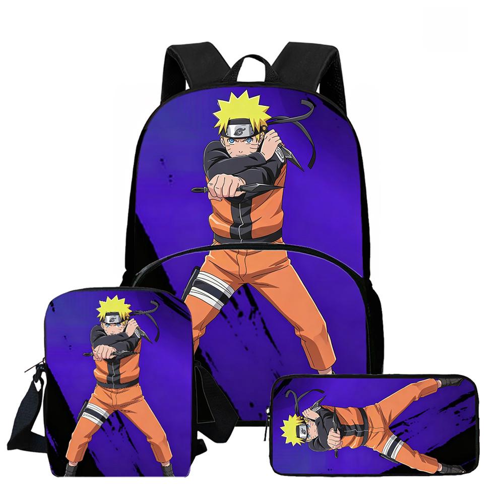 3Pcs Set School Backpack with Front Pocket, Crossbody Bag & Pencil Bag, Cartoon NARUTO, Lightweight for Boys & Girls Ages 6-10