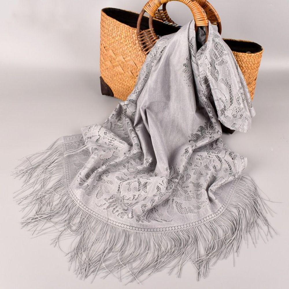

Прозрачный кружевной шарф с кисточками в виде цветов, солнцезащитный, с вышивкой в виде цветов, шаль из сетки, шейные платки, свадебный серый