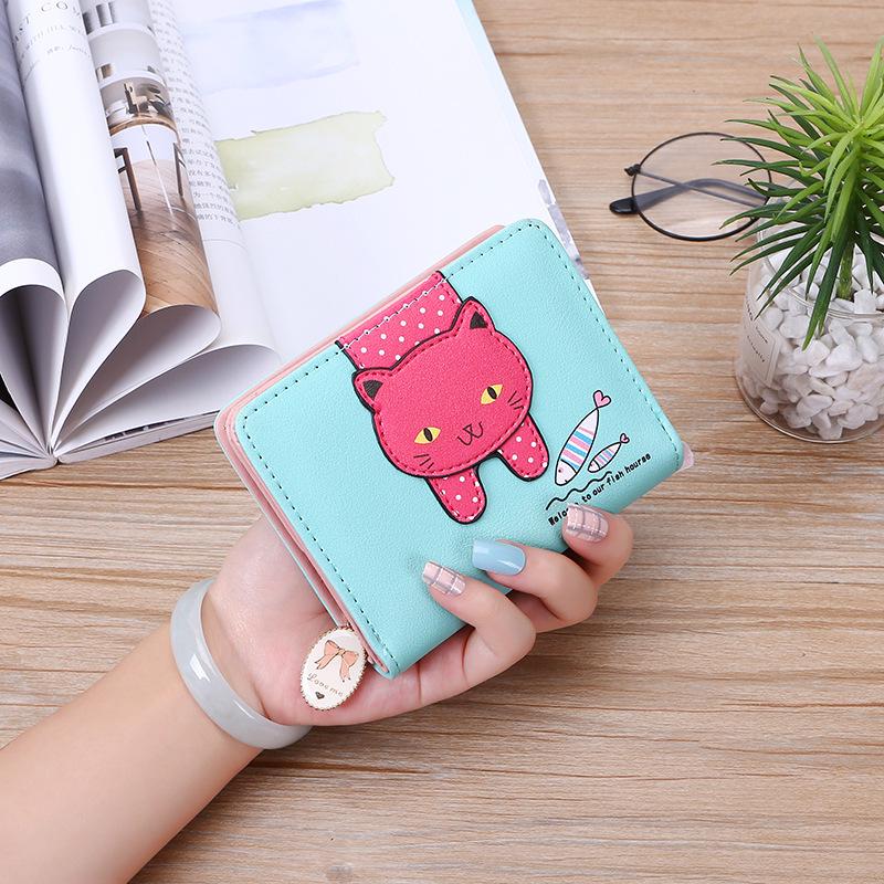 

Цветной кошелек на молнии для мелочи: Милый мультяшный принт с кошкой для женщин и студентов светло-зеленый