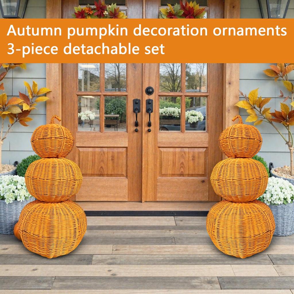 3 Piece Stackable Pumpkin Decoration Set Wicker Material Detachable Design Requires Assembly Fall Seasonal Home Decor with Instruction Manual Included
