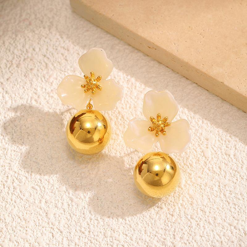 Simple Stainless Steel Flower Shape Drop Earrings 18K Gold Plated Spherical Dangle Earrings