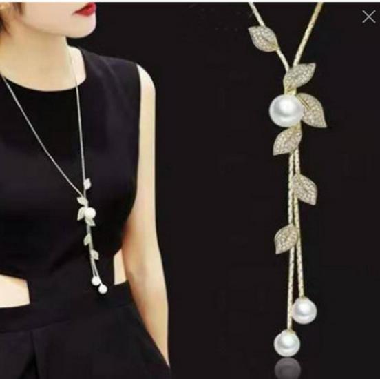 Korean Spring Pearl Leaf Tassel Necklace Pendant for Sweaters