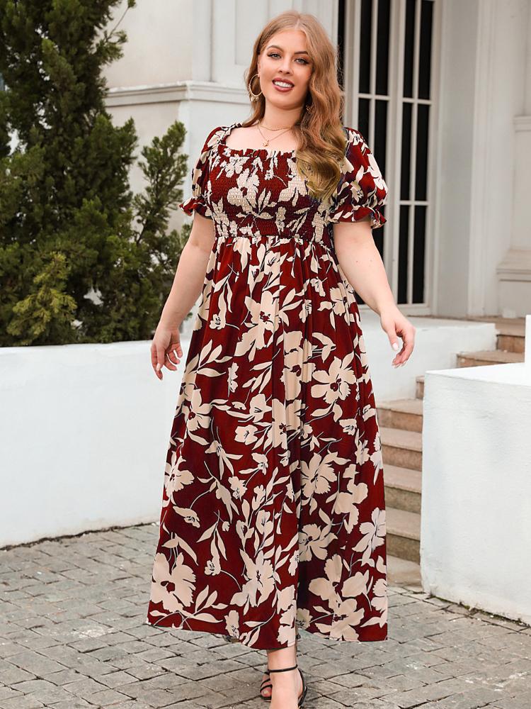 loose dresses for plus size women Women's Print Square Neck Short Sleeve Casual Loose Dress Plus Size