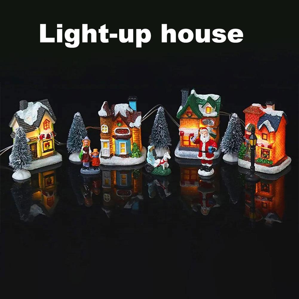 12 Pcs Mini Resin Christmas Winter Village Houses Battery Operated Lighted LED Christmas Miniature Ornament Christmas Theme Gift