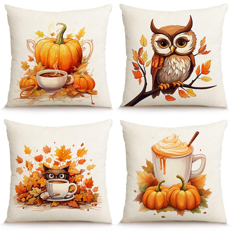 New Autumn Thanksgiving Throw Pillow Cover Linen Print Cartoon Pattern Living Room Bedroom Sofa Decoration