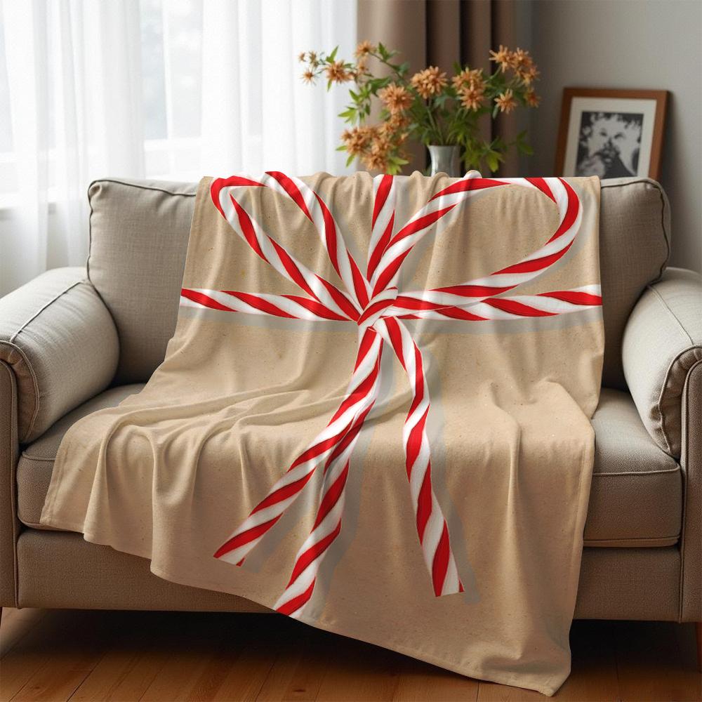 Candy Cane Gift Bow Anime Cartoon Flannel Blanket Soft Warm Throw for Bedroom Sofa Car Kids Holiday Gift