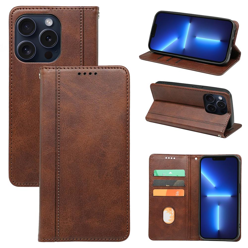 

For iPhone 13 Pro Case Calf Texture Leather Phone Cover Strong Magnetic Closure Card Slots Brown