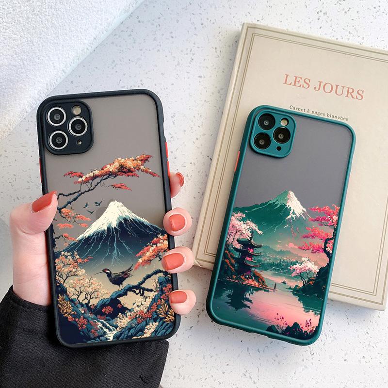Japanese Aesthetic Mount Fuji Landscape Map Phone Case For iPhone 16 11 XR XS 13 12 14 15 Pro Max Mini SE2 7 8 Plus Shockproof