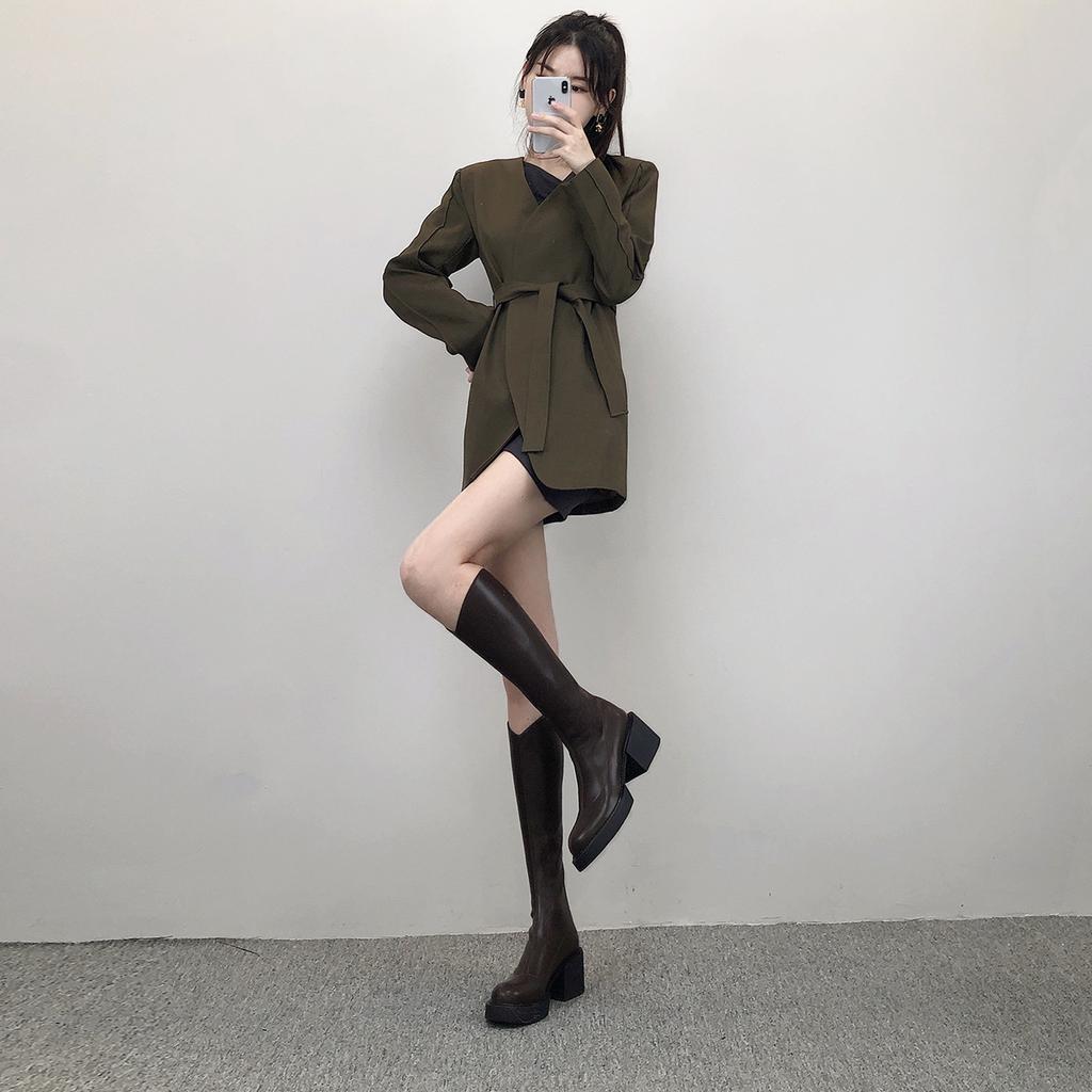 Brown thick heel tall boots female spring and autumn thin but knee long boots high heel thick sole