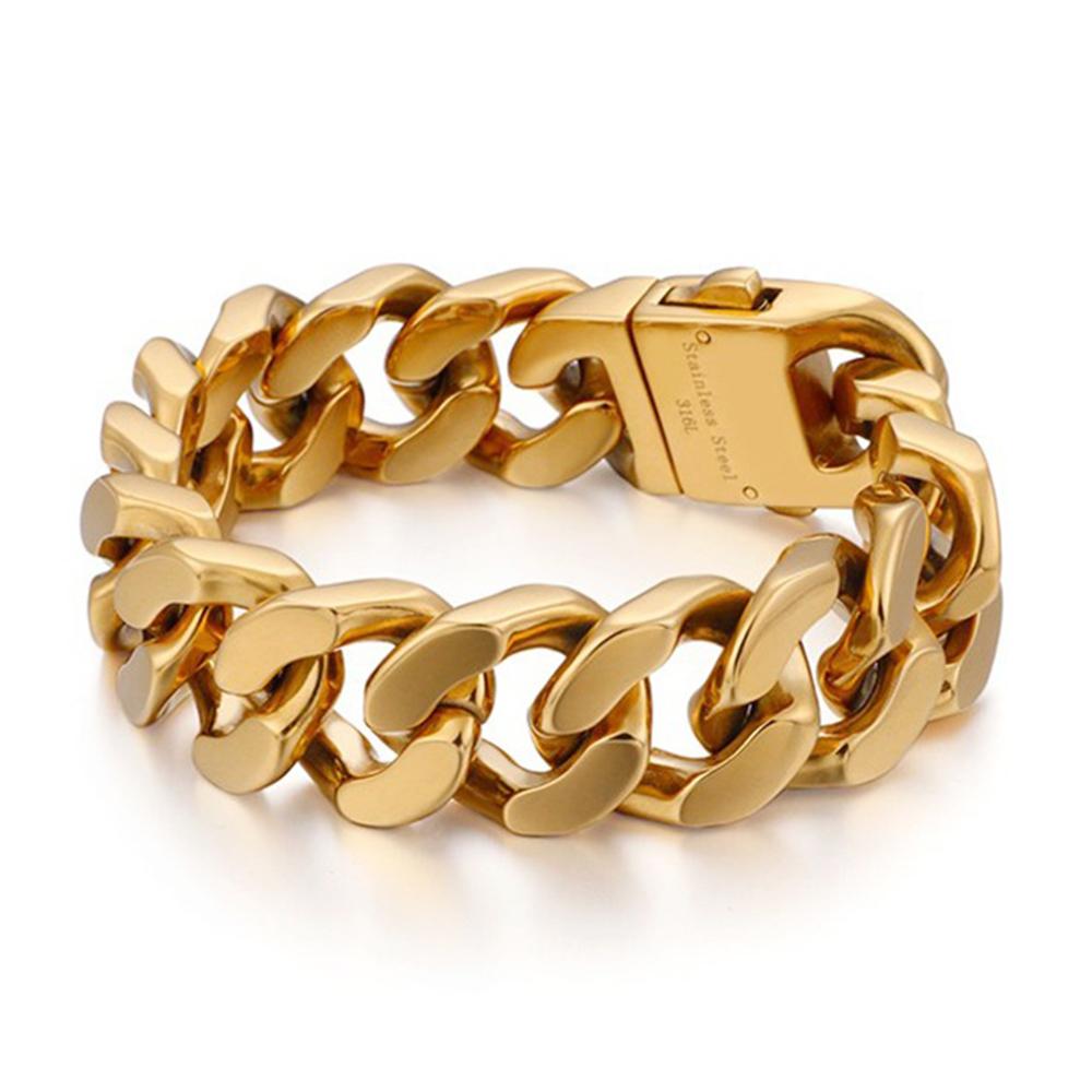 Heavy Punk Gold Color Curb Cuban Chain Bracelet CZ Zircon Men Women Hiphop Black Stainless Steel Bike Biker Bangle Jewelry