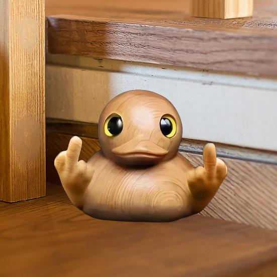 Wooden Middle Finger Duck Figurine Little Yellow Duck Statue Sculpture Handmade Animal Model Home Office Desktop Decoration Ornament