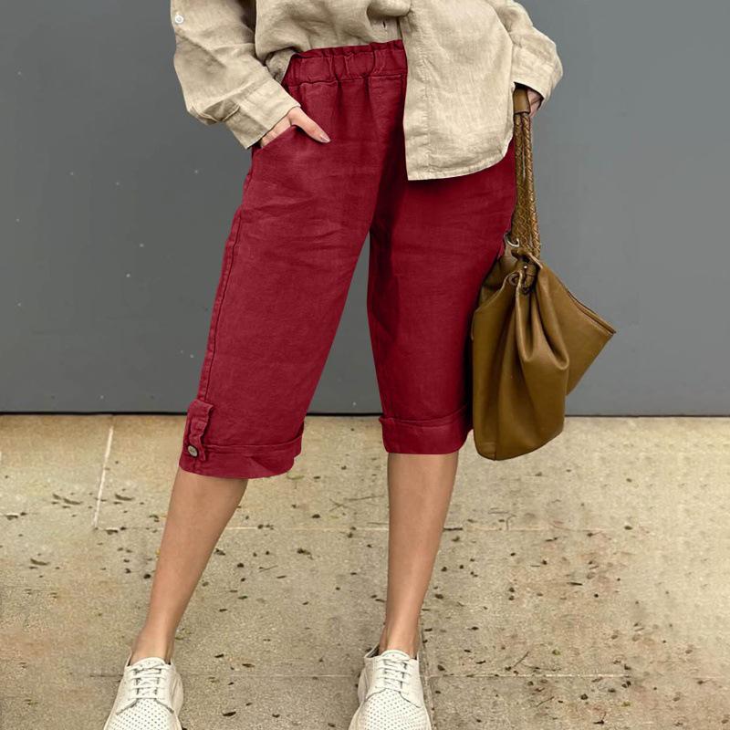 European & American Cotton Linen Casual Pants with Elastic Waist and Pockets, 7/8 Length, Pure Color.