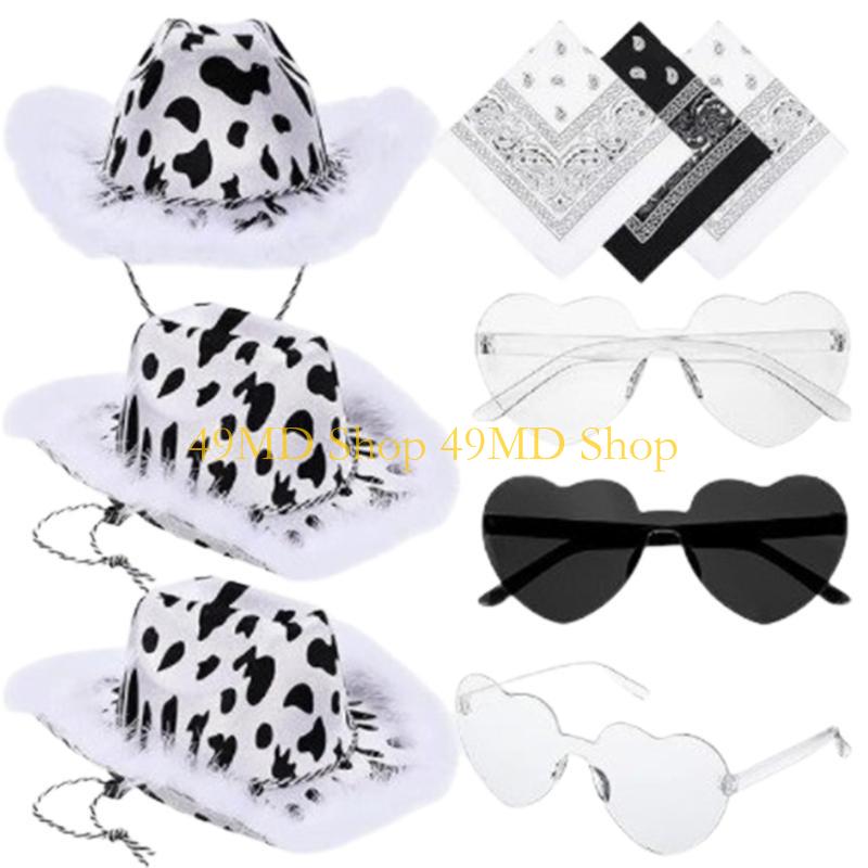 49MD 9set Cowboy Hat&Heart Sunglasses+Cashew Kerchief Set for Woman Carnival Hat Western Elegant Photography Accessory