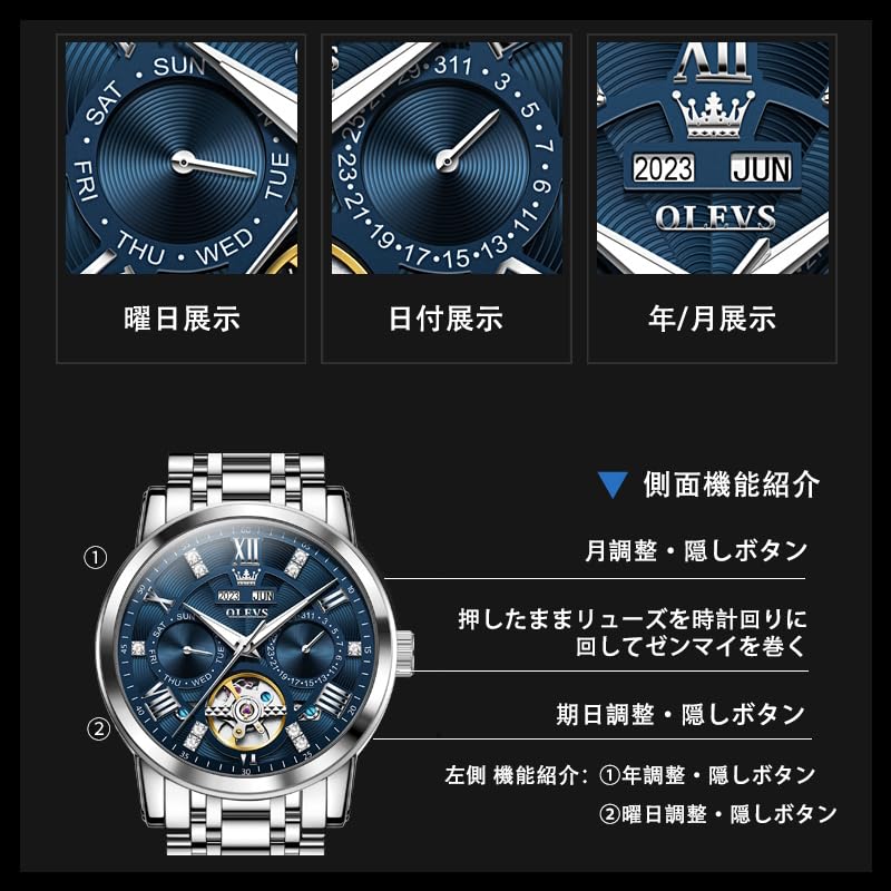 OLEVS Mechanische Automatikuhr mit Handaufzug, Ewiger Kalender, Skelett-Metallarmband, stilvolle Retro-Uhr, leuchtend, wasserdicht, für Herren, Blau
