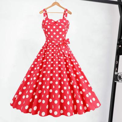 Women Vintage Dress 50s Retro A-line Big Swing Sleeveless Dot Print Contrast Color Elastic Bust High Tight Waist Backless