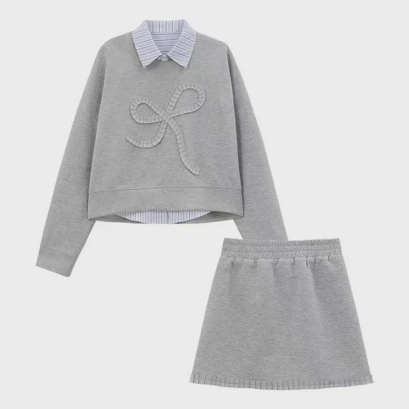 Trendy Korean-Style College Three-Piece Set: Sweatshirt, Shirt, Short Skirt