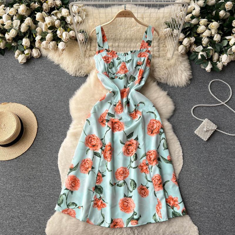 Holiday Style Print Suspender Skirt Women's Summer New Waist and Thin French Chiffon Floral Dress